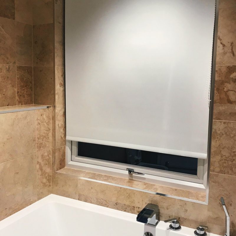 example of work, white bathroom blinds.